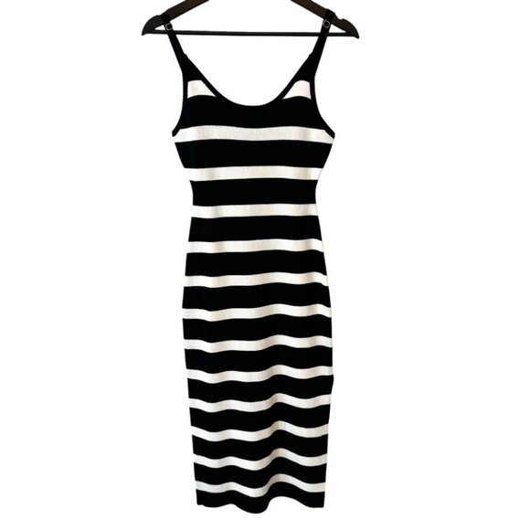 Revamped Dresses & Skirts - Revamped Wide Striped Black and White Fitted Midi Dress